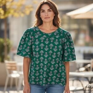 Boden Green Pink Mila Trim Pom Pom Detail Floral Cotton Keyhole Neck Size US 6‎